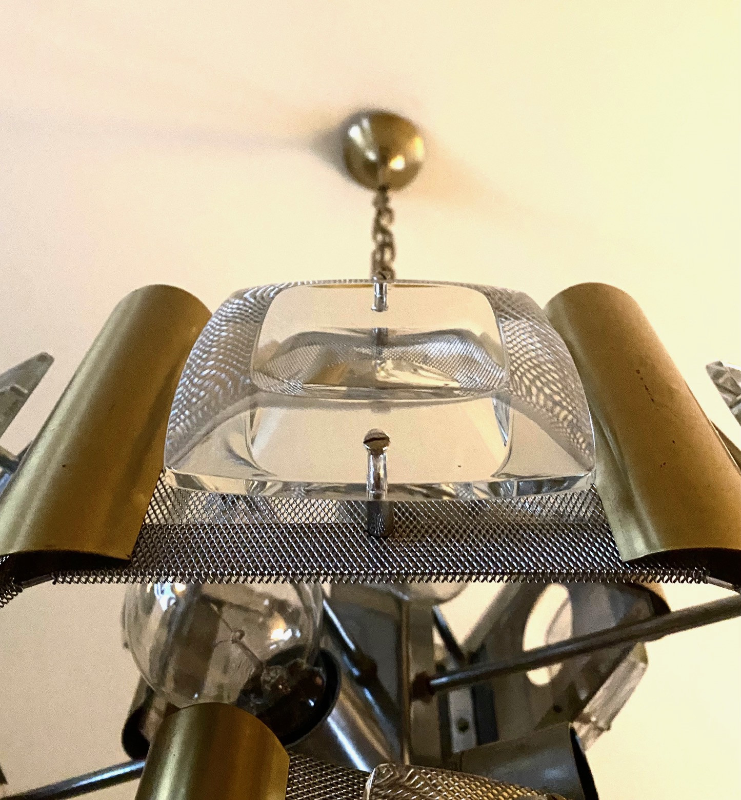 1970s Ceiling Light Metal, Brass and Glass Lenses 