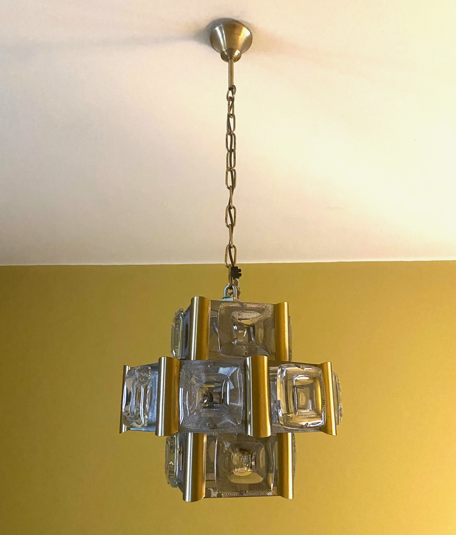 1970s Ceiling Light Metal, Brass and Glass Lenses 