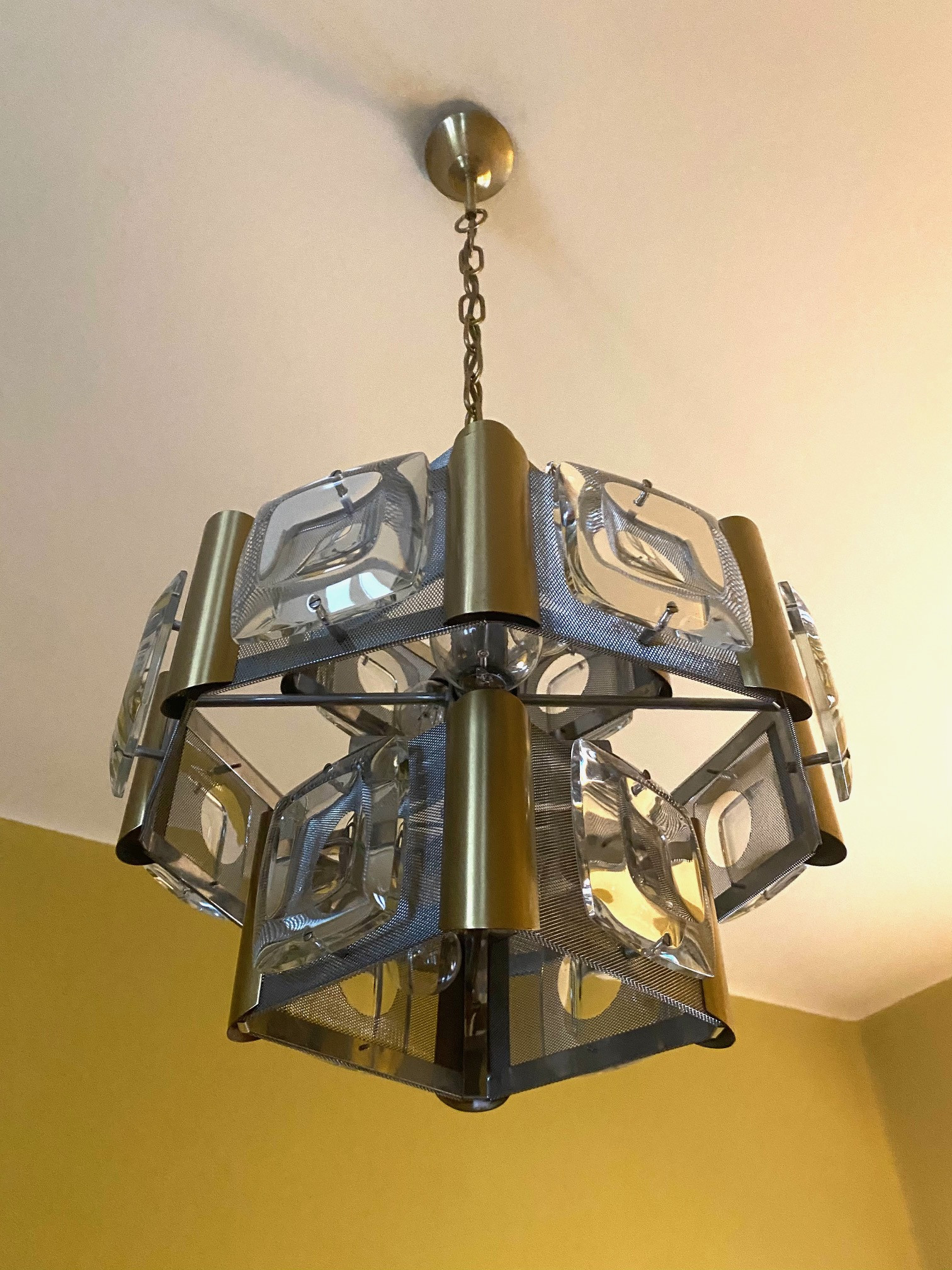 1970s Ceiling Light Metal, Brass and Glass Lenses 