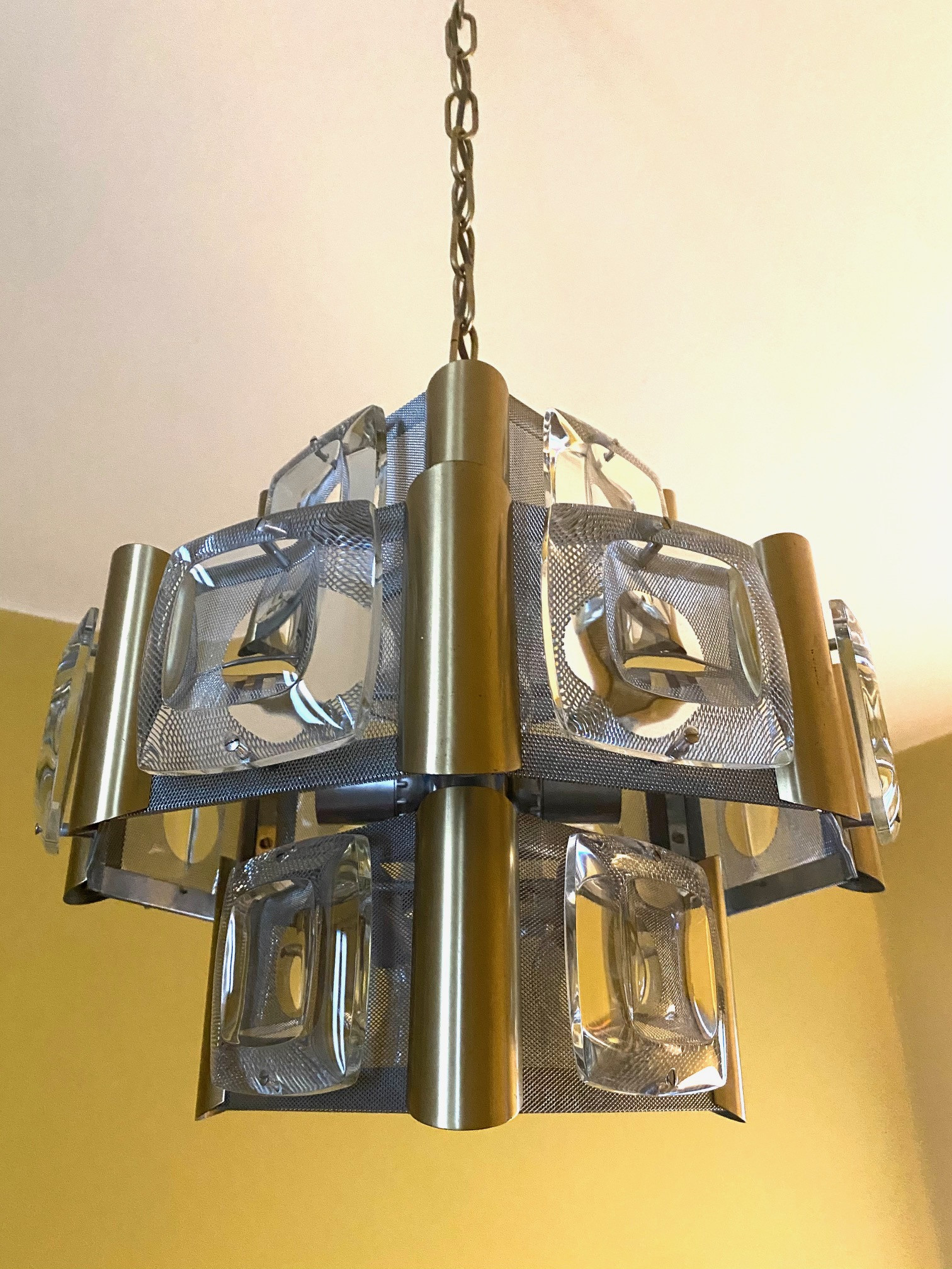 1970s Ceiling Light Metal, Brass and Glass Lenses 