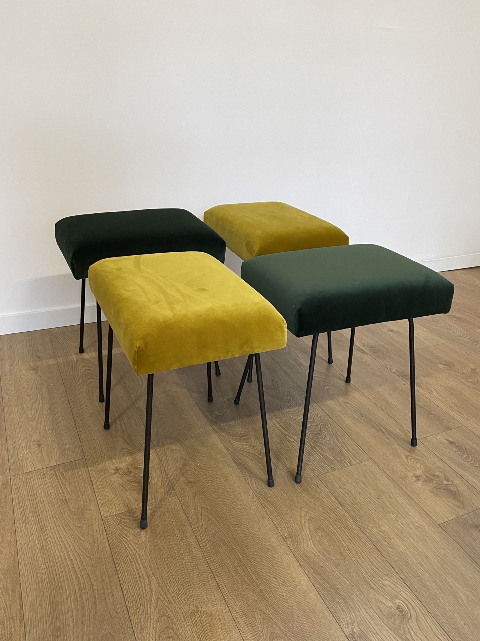 Four 1950's French  Stools in iron and velvet 