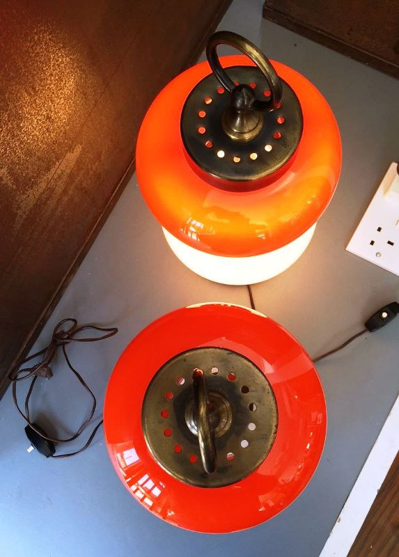 1960's Pair Of Table Lamps Orange And White