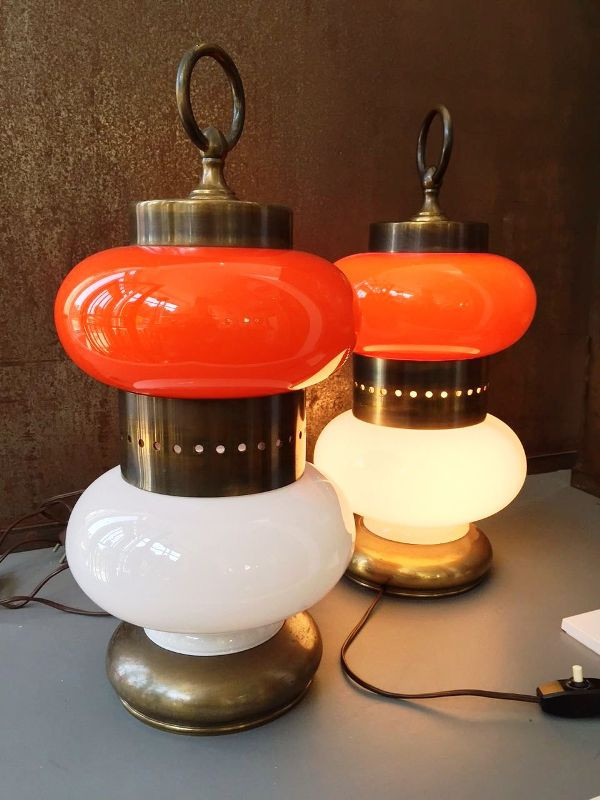 1960's Pair Of Table Lamps Orange And White