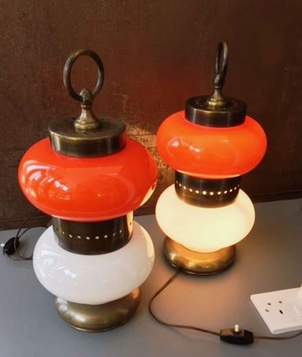 1960's Pair Of Table Lamps Orange And White