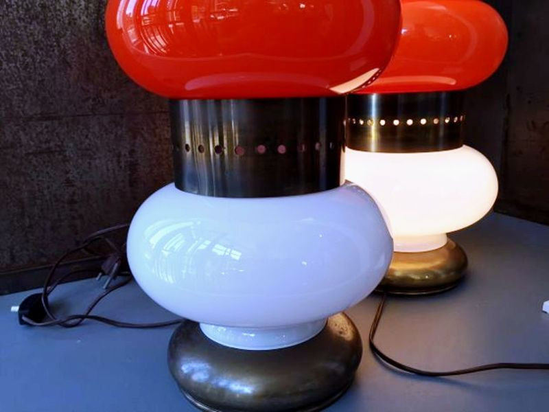 1960's Pair Of Table Lamps Orange And White