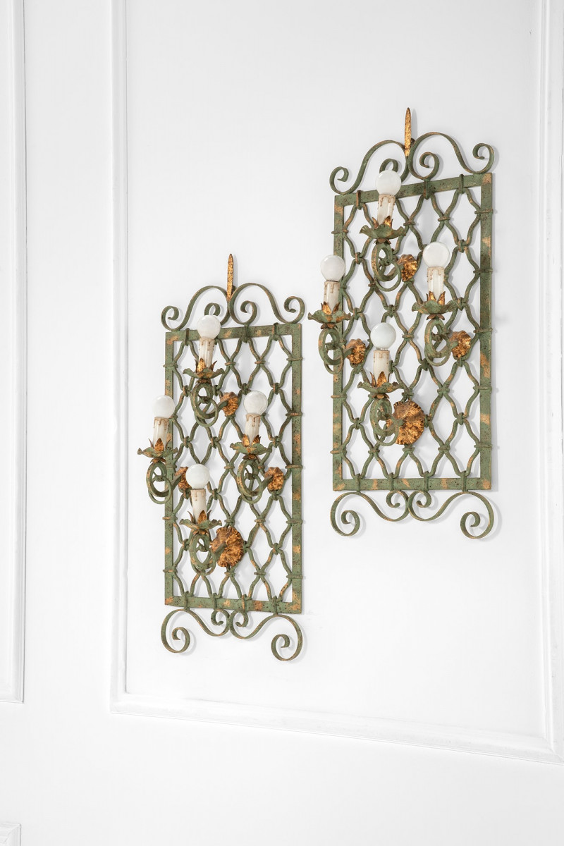 Late 1950s Pair of Wall Lights in Wrought Iron in the Style of Gilbert Poillerat