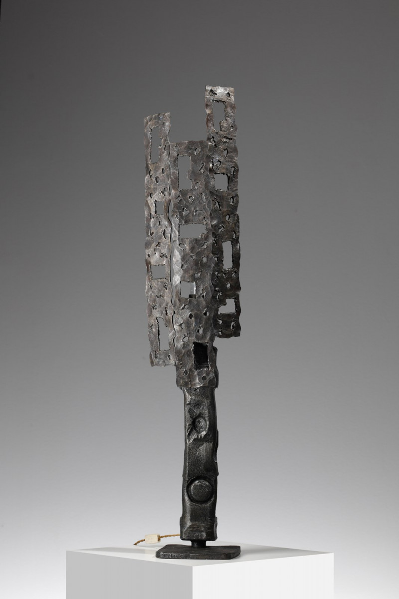 Large 70s Brutalist Wroght Iron Lamp by Salvino Marsura